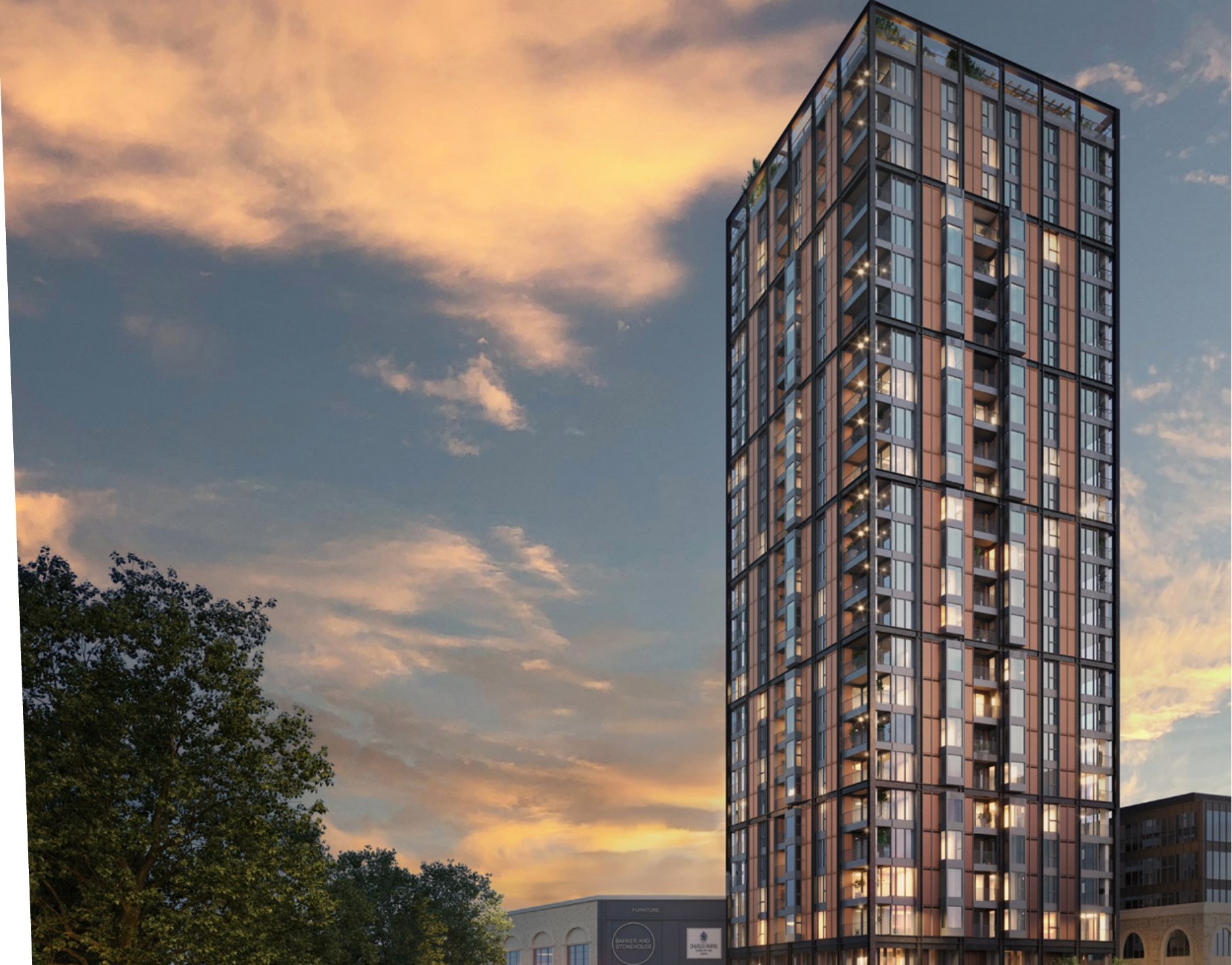 Riverside residential tower exterior in Battersea, London