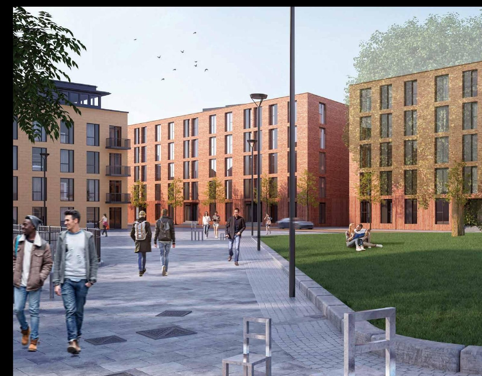 New build residential apartment courtyard exterior, Derby city centre