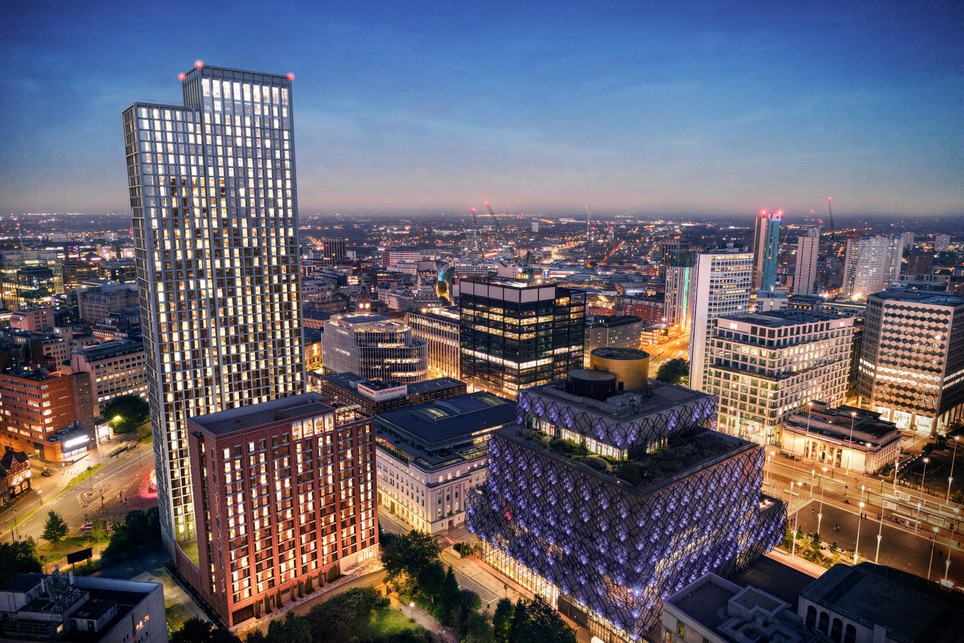 Birmingham skyline at dusk beside Centenary Square
